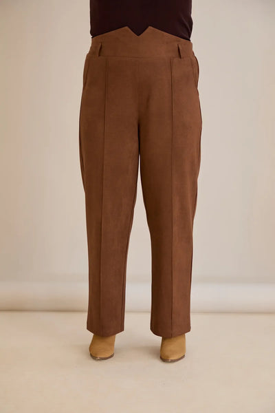 Pantalon elegant mărime mare cu dungă și talie înaltă – cafea