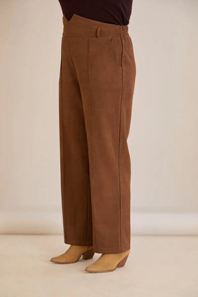 Pantalon elegant mărime mare cu dungă și talie înaltă – cafea