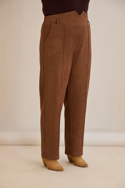 Pantalon elegant mărime mare cu dungă și talie înaltă – cafea