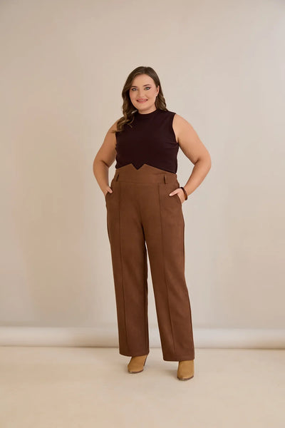 Pantalon elegant mărime mare cu dungă și talie înaltă – cafea