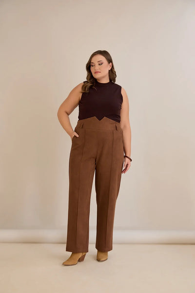 Pantalon elegant mărime mare cu dungă și talie înaltă – cafea