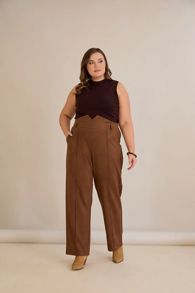 Pantalon elegant mărime mare cu dungă și talie înaltă – cafea