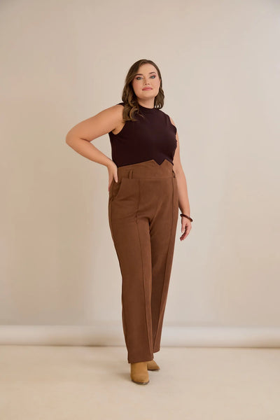 Pantalon elegant mărime mare cu dungă și talie înaltă – cafea