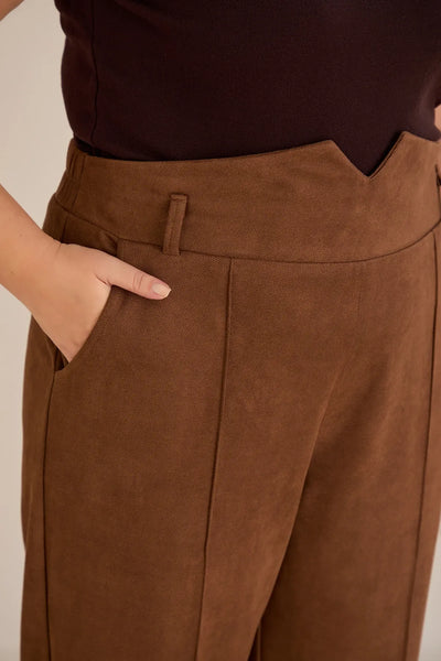 Pantalon elegant mărime mare cu dungă și talie înaltă – cafea