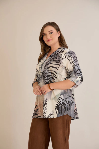 Bluză mărime mare cu fermoar, imprimeu de autor – leopard
