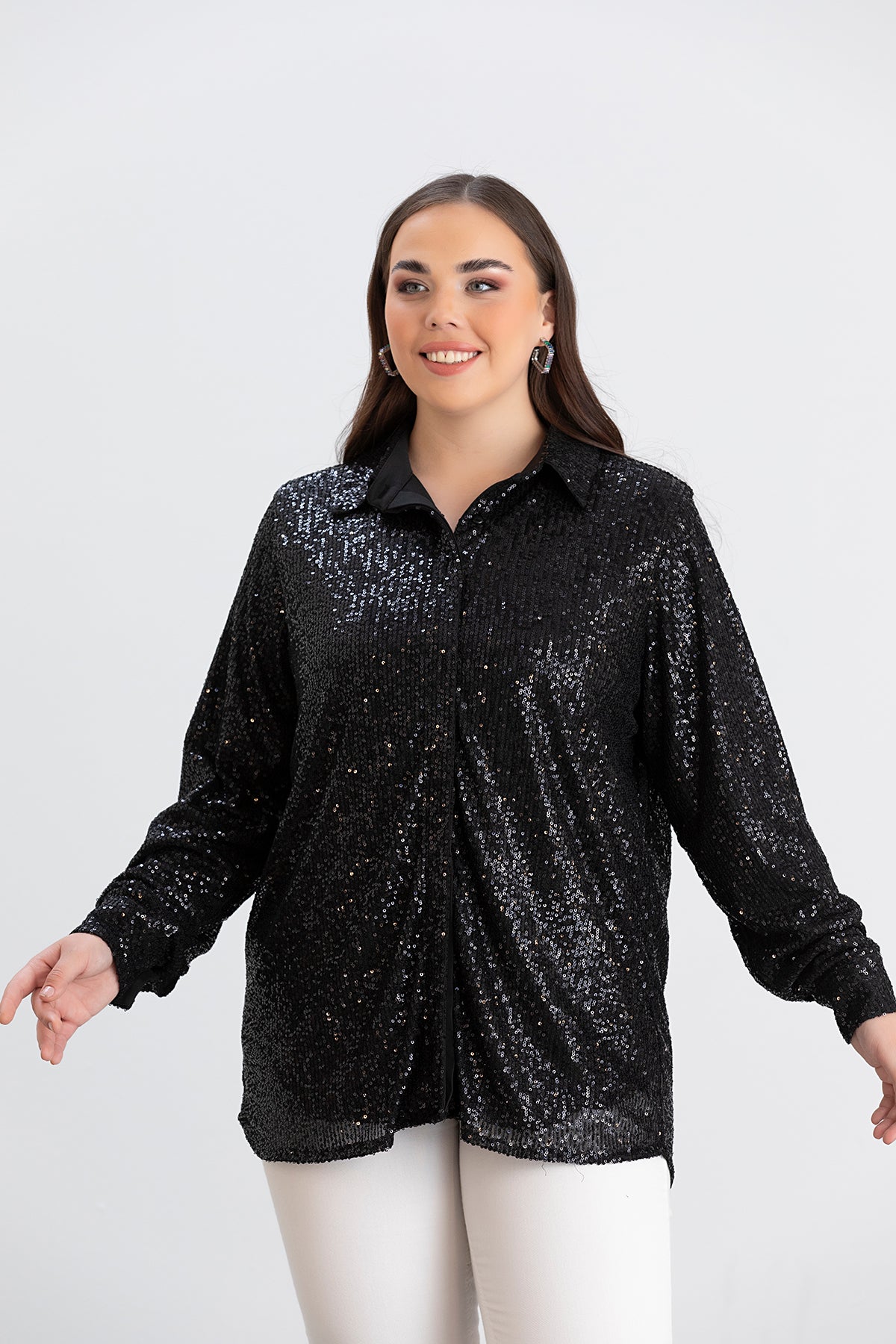 Camasa marime mare eleganta cu paiete - negru