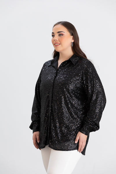 Camasa marime mare eleganta cu paiete - negru