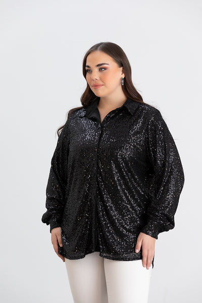 Camasa marime mare eleganta cu paiete - negru