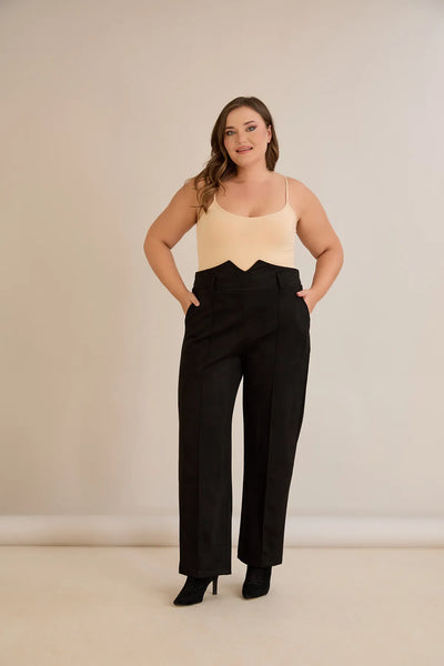 Pantalon elegant mărime mare cu dungă și talie înaltă - negru