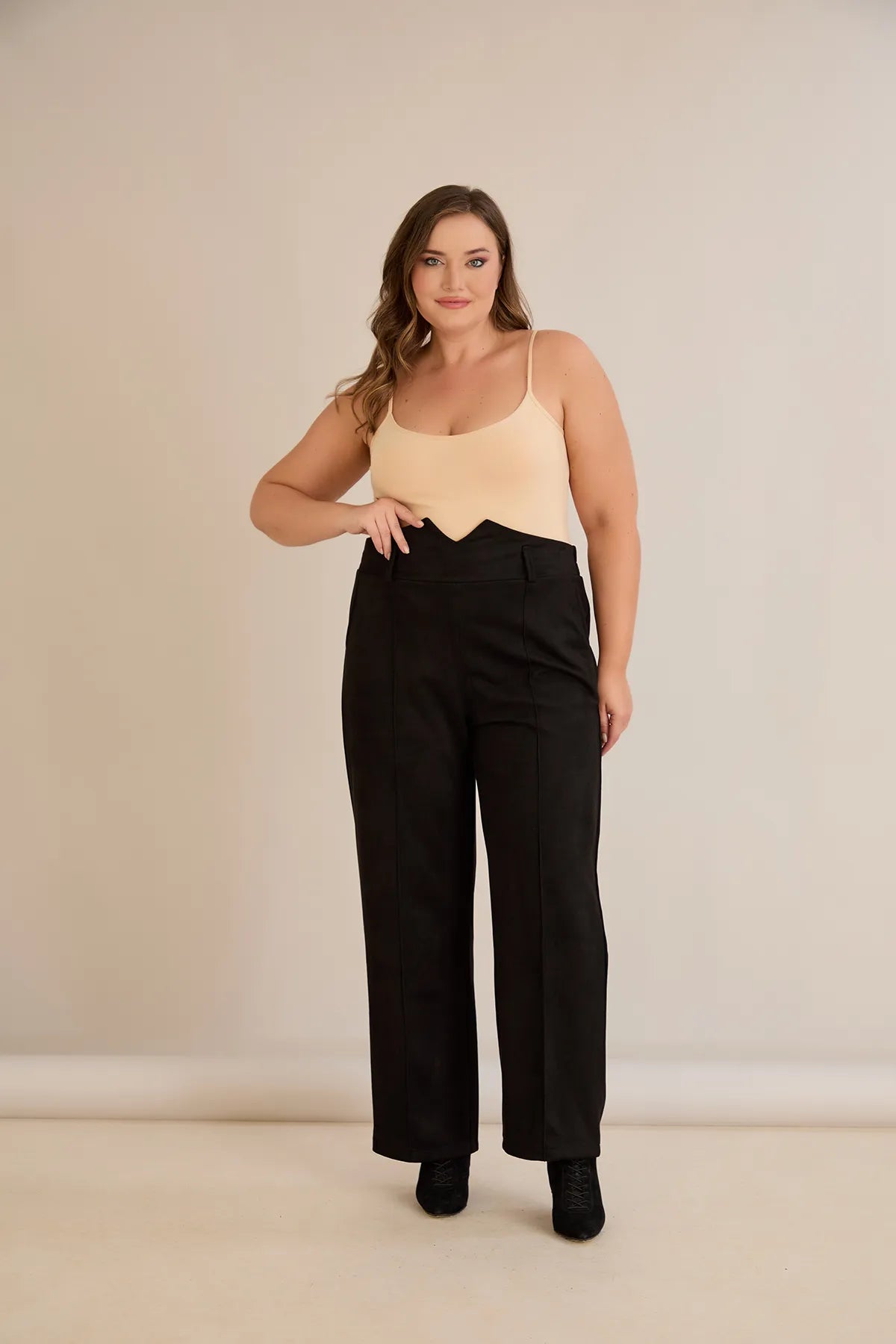 Pantalon elegant mărime mare cu dungă și talie înaltă - negru