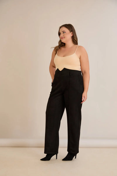 Pantalon elegant mărime mare cu dungă și talie înaltă - negru