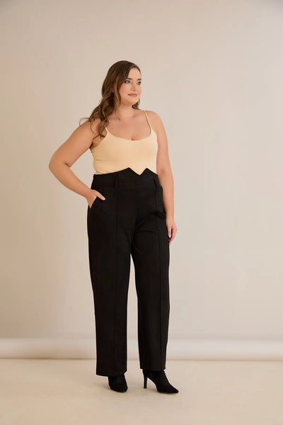 Pantalon elegant mărime mare cu dungă și talie înaltă - negru