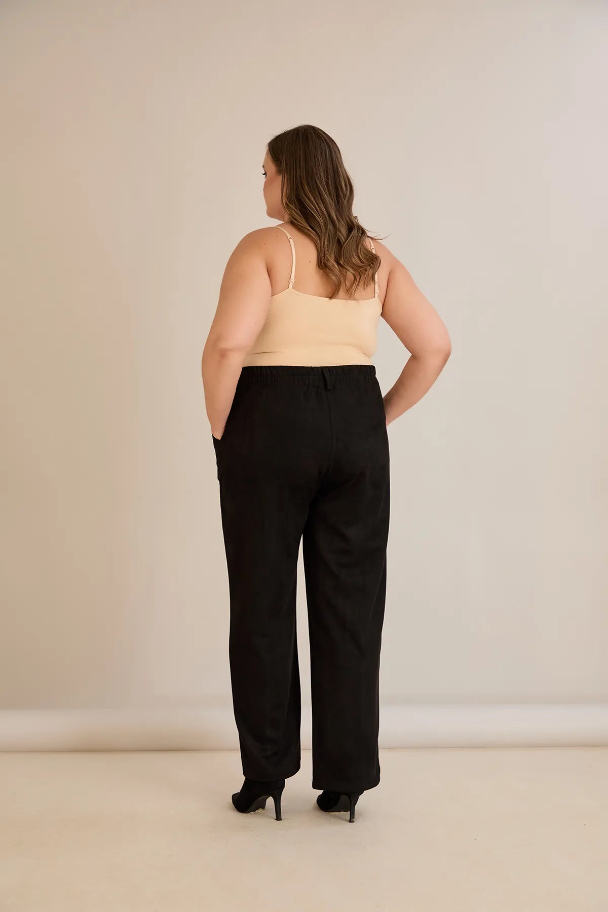 Pantalon elegant mărime mare cu dungă și talie înaltă - negru