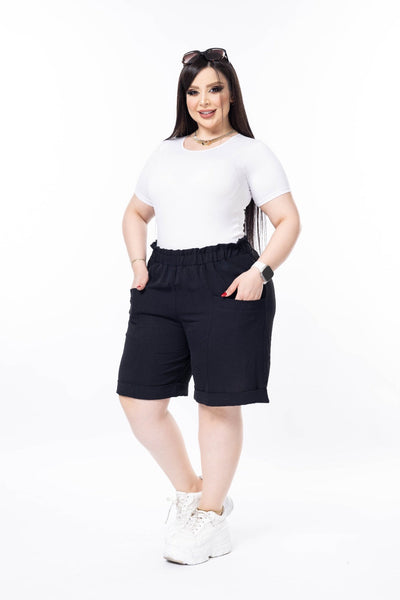 Pantaloni scurti marime mare cu manseta - negru