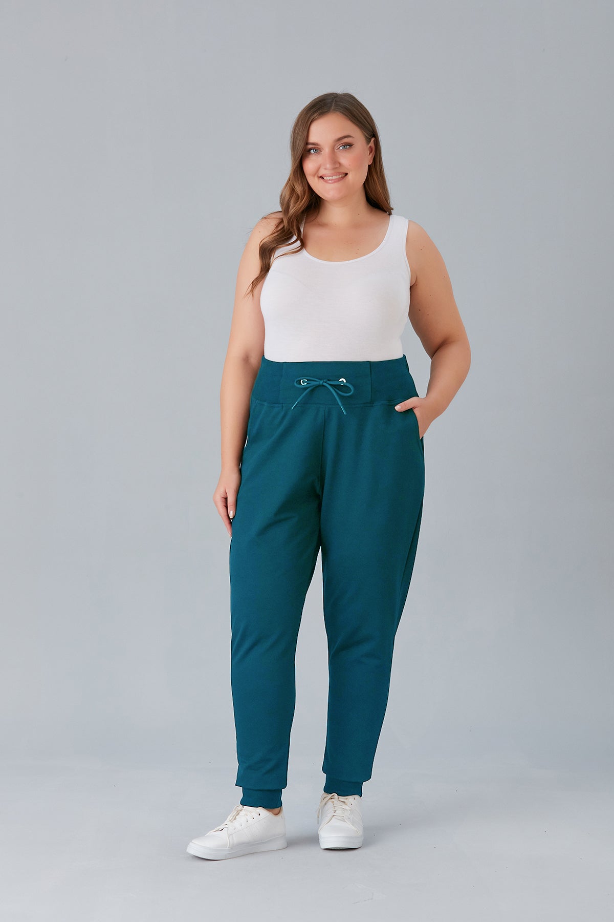 Pantalon sport marime mare cu talie elastica lata - turcoaz