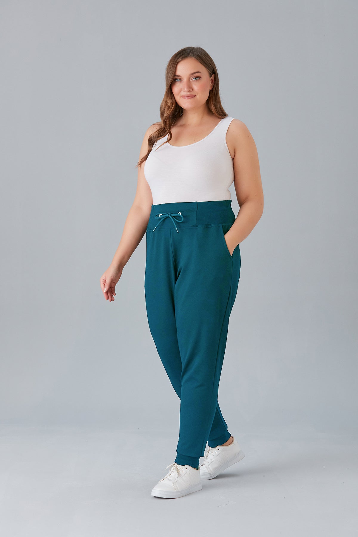 Pantalon sport marime mare cu talie elastica lata - turcoaz