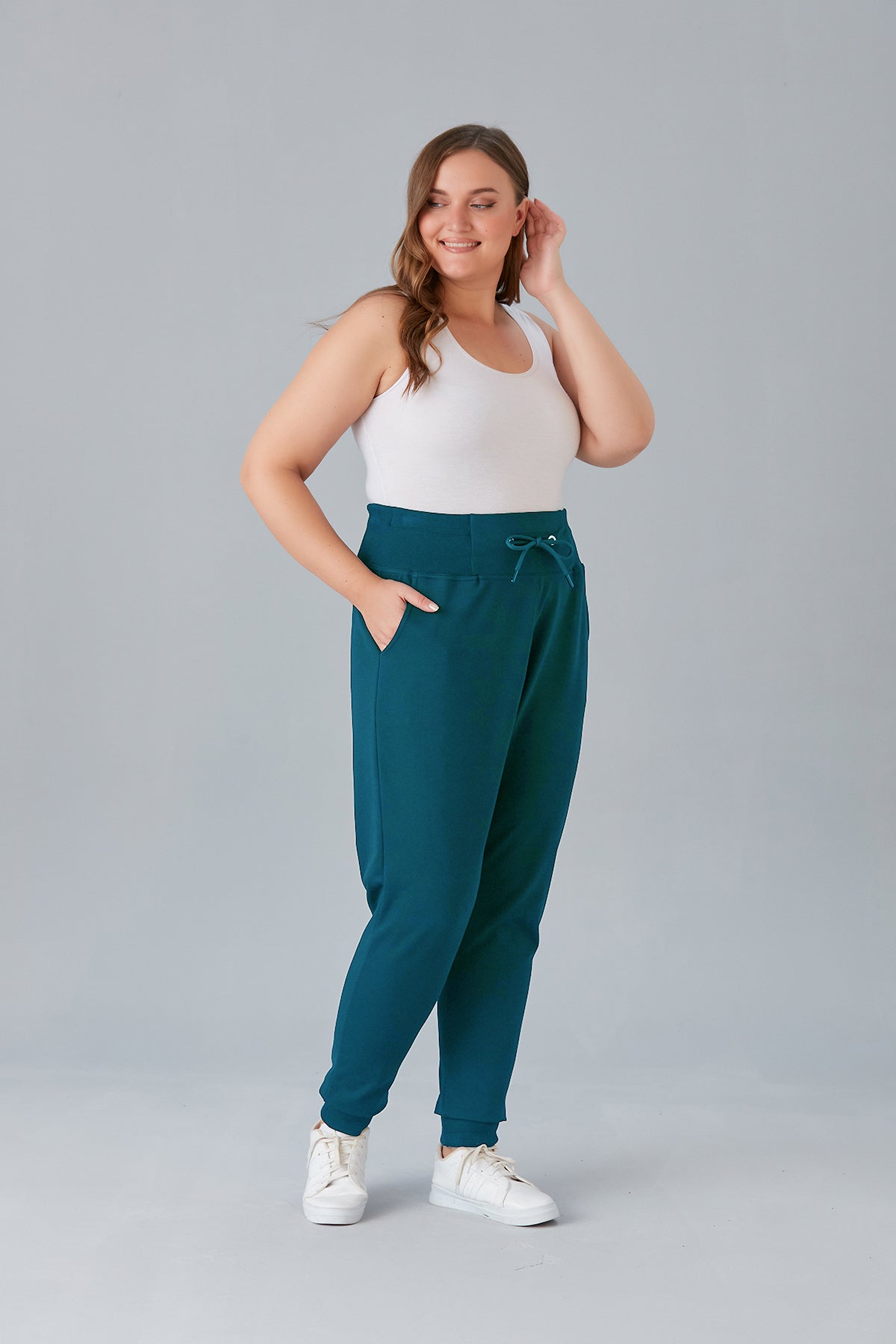 Pantalon sport marime mare cu talie elastica lata - turcoaz