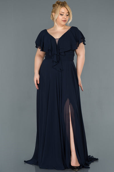 Rochie de ocazie marime mare lunga din sifon - albastru inchis N032