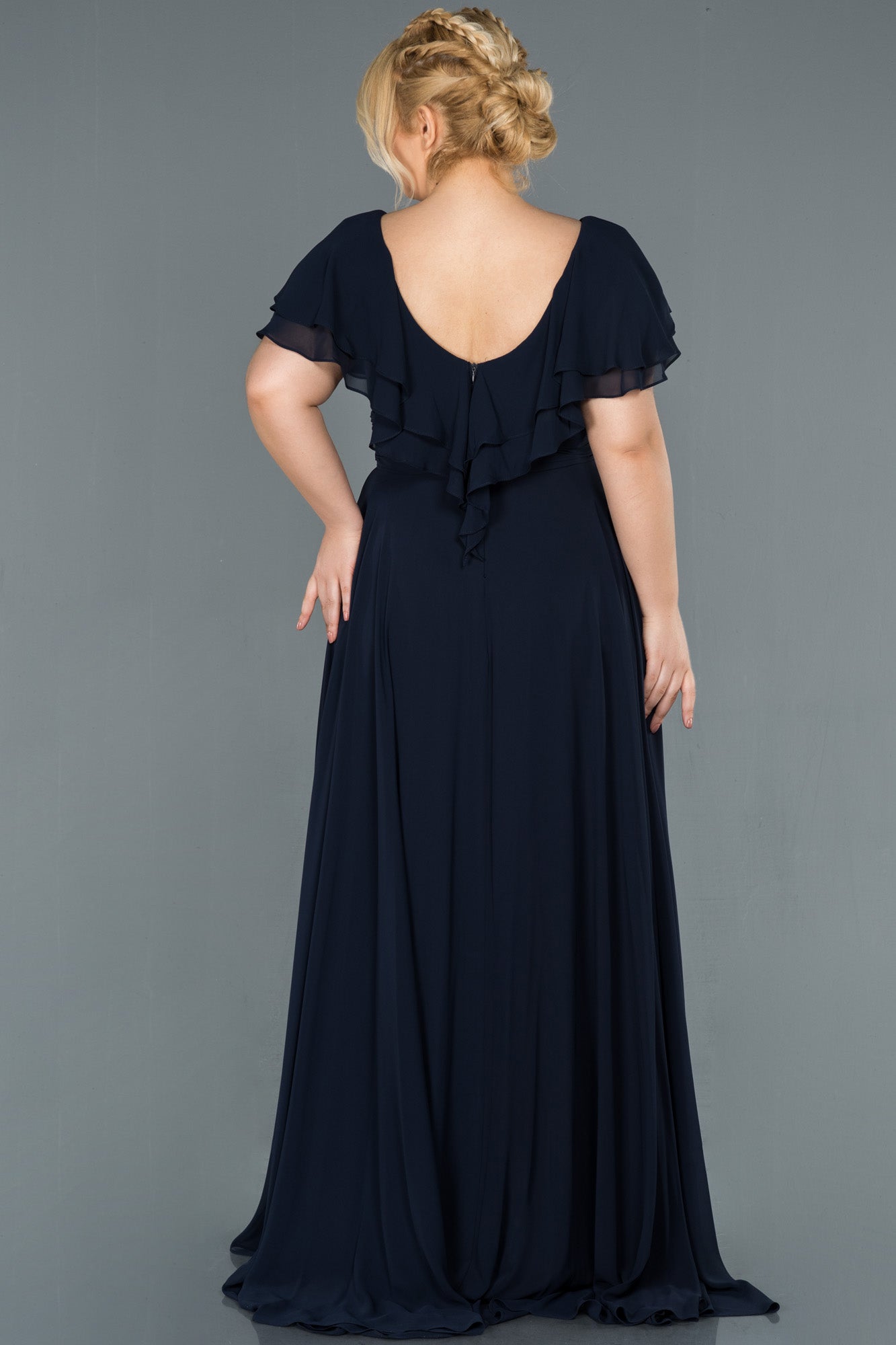 Rochie de ocazie marime mare lunga din sifon - albastru inchis N032