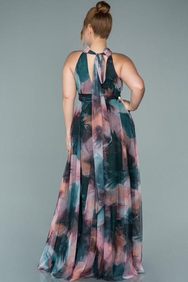 Rochie de ocazie marime mare lunga din sifon print - pastel N1147