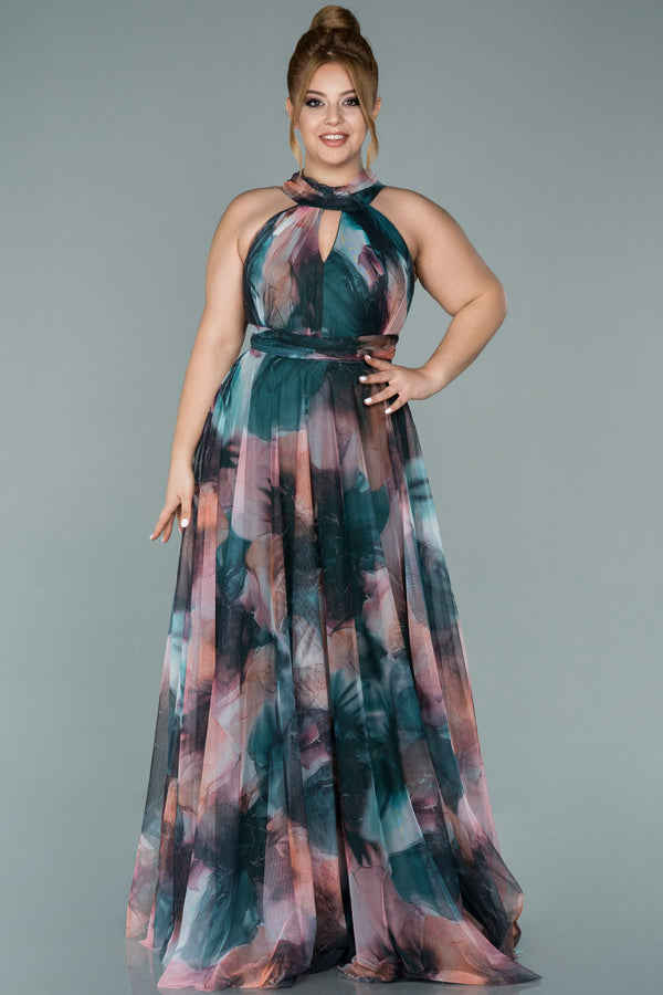 Rochie de ocazie marime mare lunga din sifon print - pastel N1147
