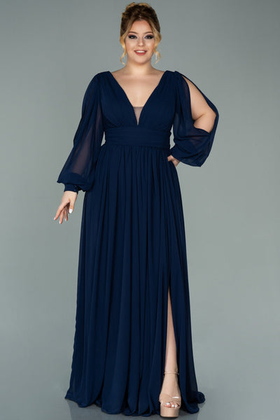 Rochie de ocazie marime mare lunga din sifon - albastru inchis N1988