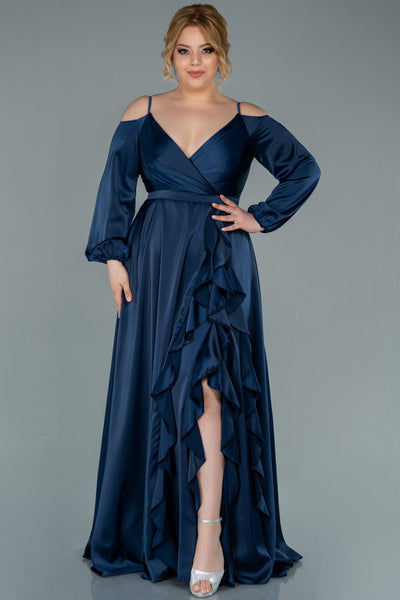 Rochie de ocazie marime mare lunga din satin cu volane - albastru inchis N2358