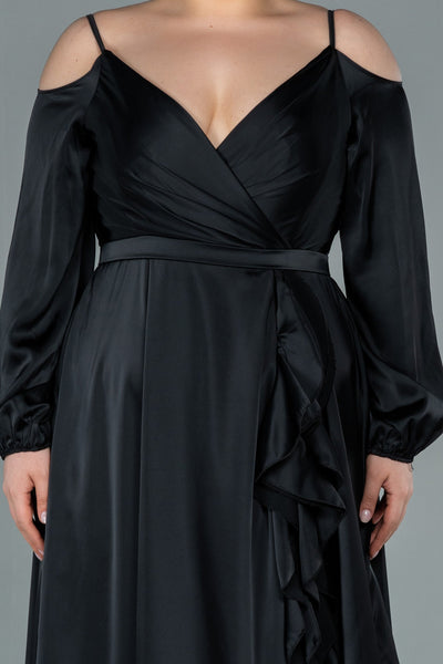 Rochie de ocazie marime mare lunga din satin cu volane - negru N2358