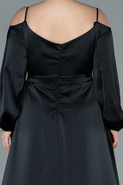 Rochie de ocazie marime mare lunga din satin cu volane - negru N2358