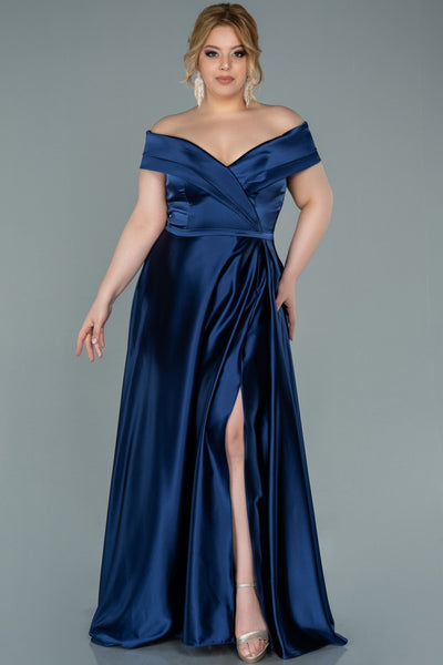 Rochie de ocazie marime mare lunga din satin - albastru inchis N2355