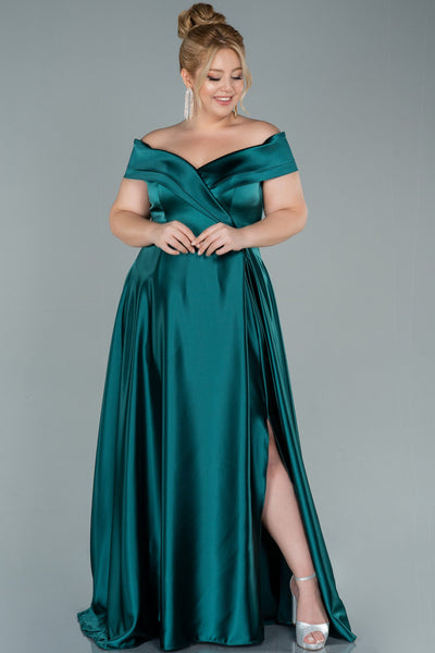 Rochie de ocazie marime mare lunga din satin - verde smarald N2355
