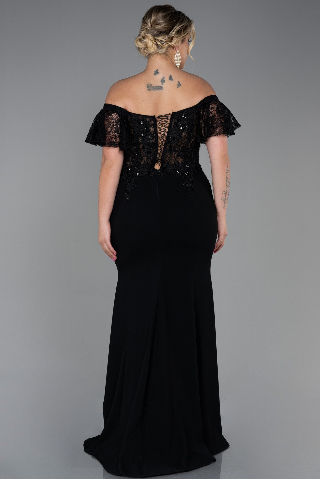 Rochie de ocazie marime mare lunga cu dantela - negru N2571