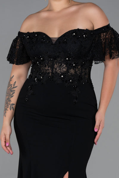 Rochie de ocazie marime mare lunga cu dantela - negru N2571