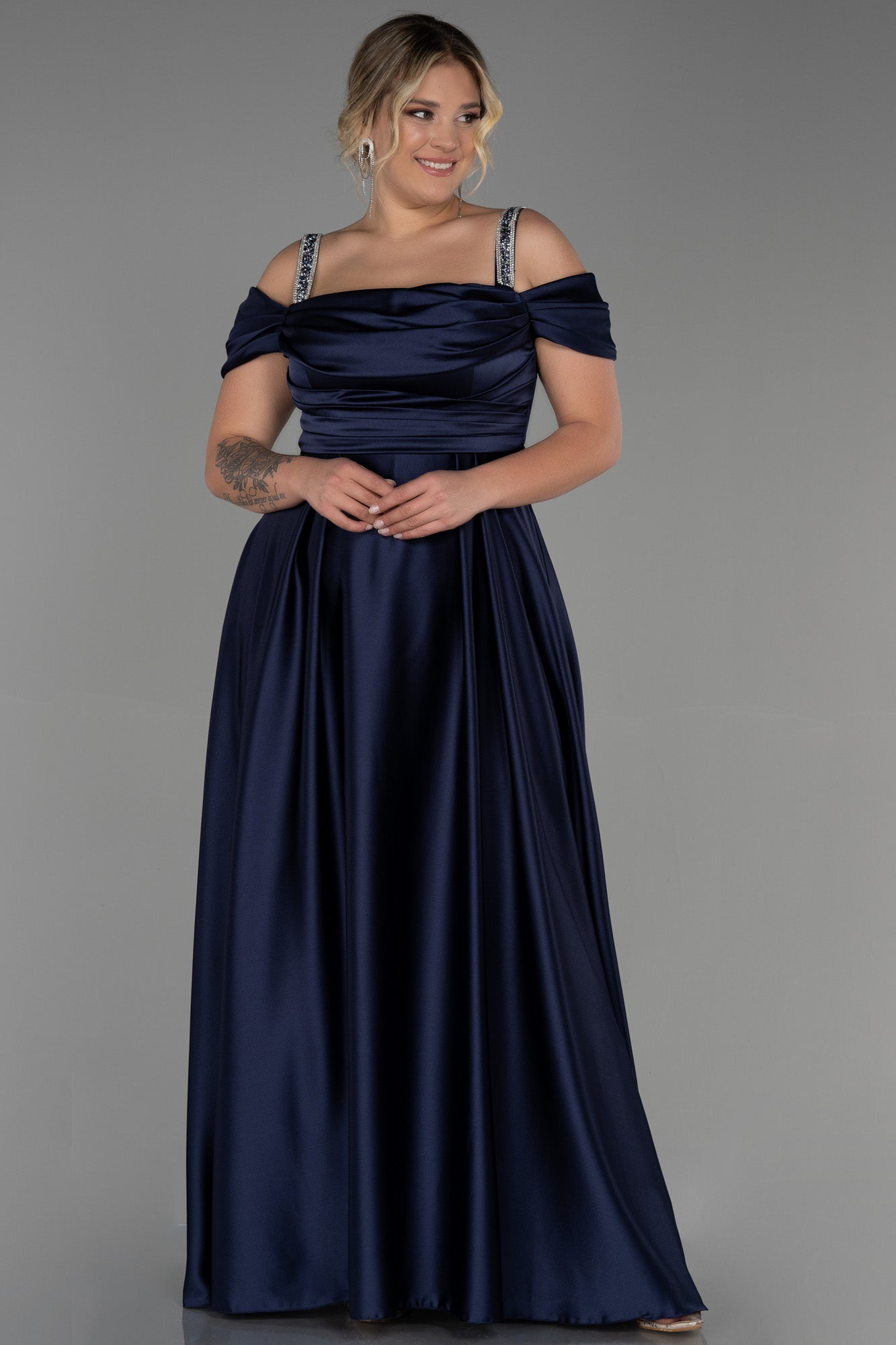 Rochie formala lunga din satin cu bretele din strass - albastru inchis N3277