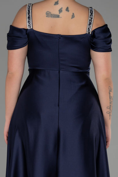 Rochie de ocazie marime mare lunga din satin cu bretele din strass - albastru inchis N3277