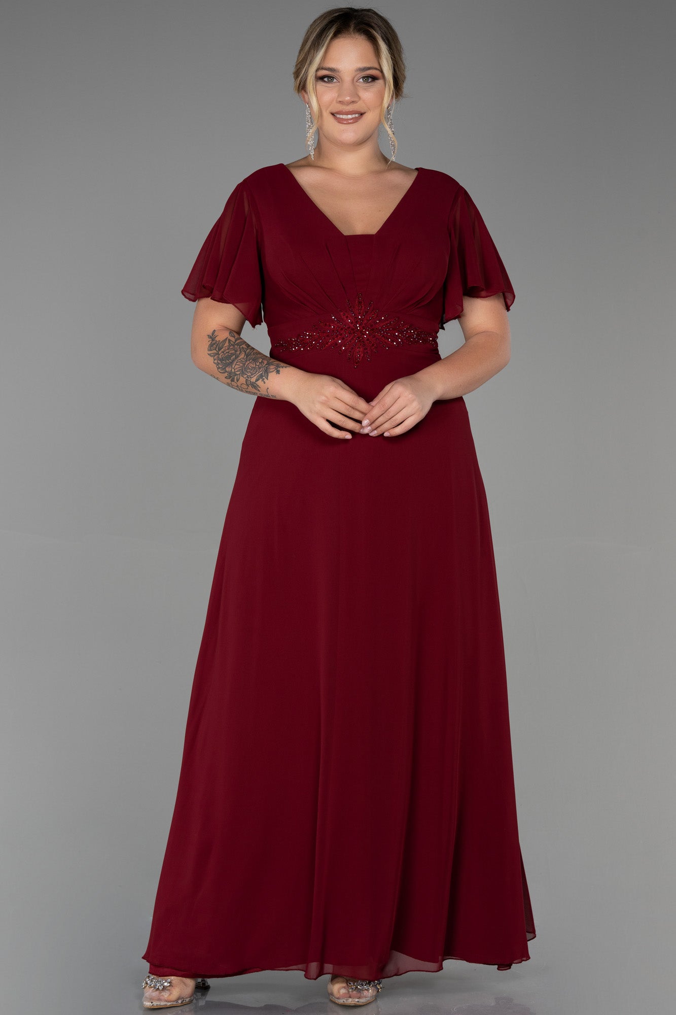 Rochie de ocazie marime mare lunga din sifon cu broderie - visiniu N2308