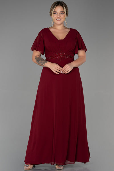 Rochie de ocazie marime mare lunga din sifon cu broderie - visiniu N2308