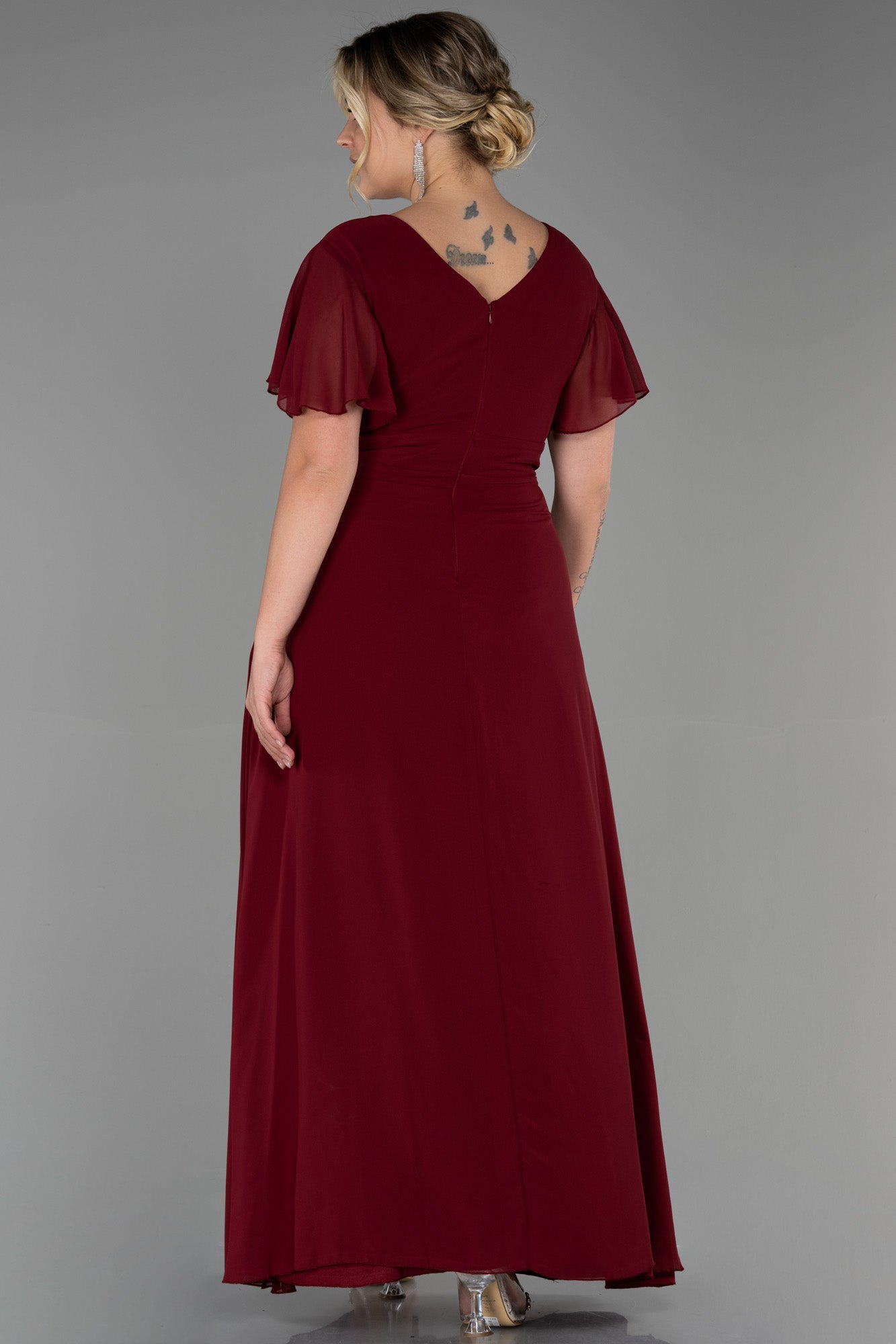Rochie de ocazie marime mare lunga din sifon cu broderie - visiniu N2308