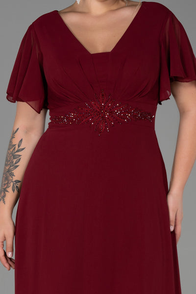 Rochie de ocazie marime mare lunga din sifon cu broderie - visiniu N2308