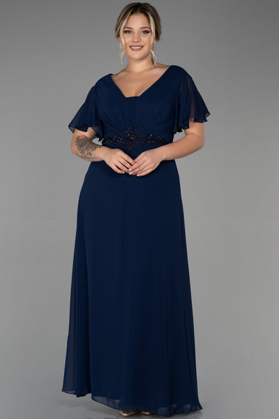 Rochie de ocazie marime mare lunga din sifon cu broderie - albastru inchis N2308