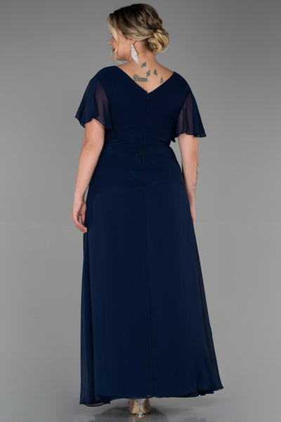 Rochie de ocazie marime mare lunga din sifon cu broderie - albastru inchis N2308