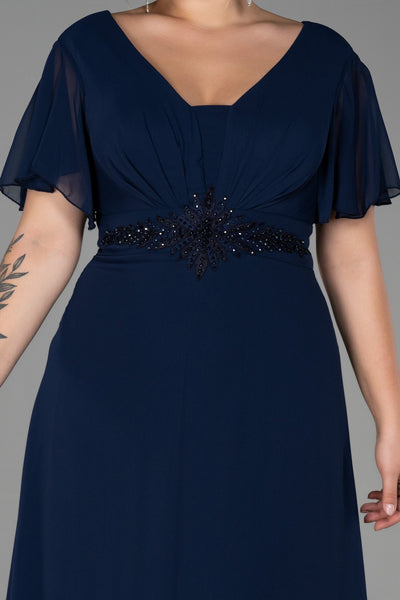 Rochie de ocazie marime mare lunga din sifon cu broderie - albastru inchis N2308