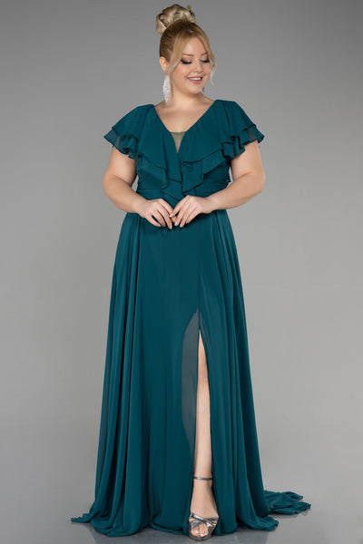 Rochie de ocazie marime mare lunga din sifon - verde inchis N032