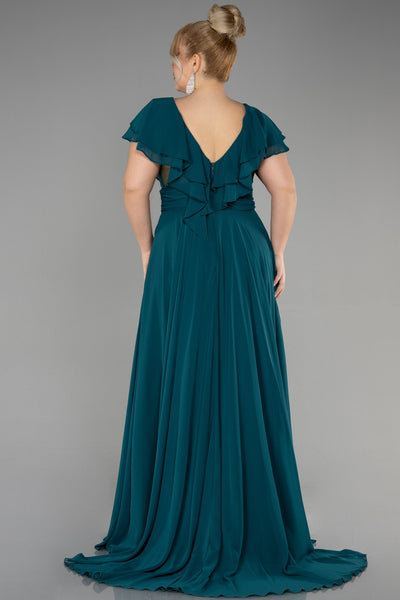 Rochie de ocazie marime mare lunga din sifon - verde inchis N032