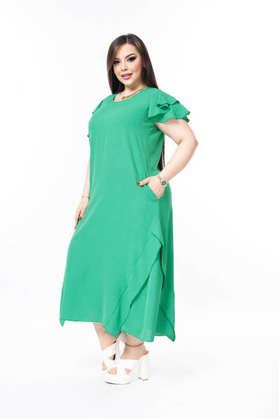 Rochie marime mare cu volane din tesatura usoara - verde