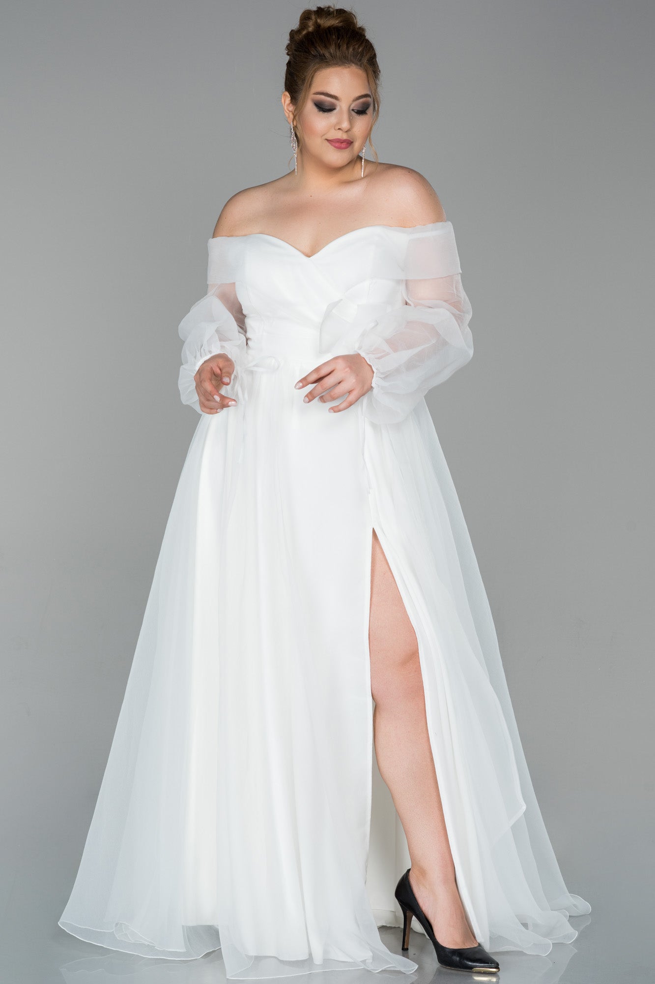 Rochie de ocazie lungă din organza - ecru N1535
