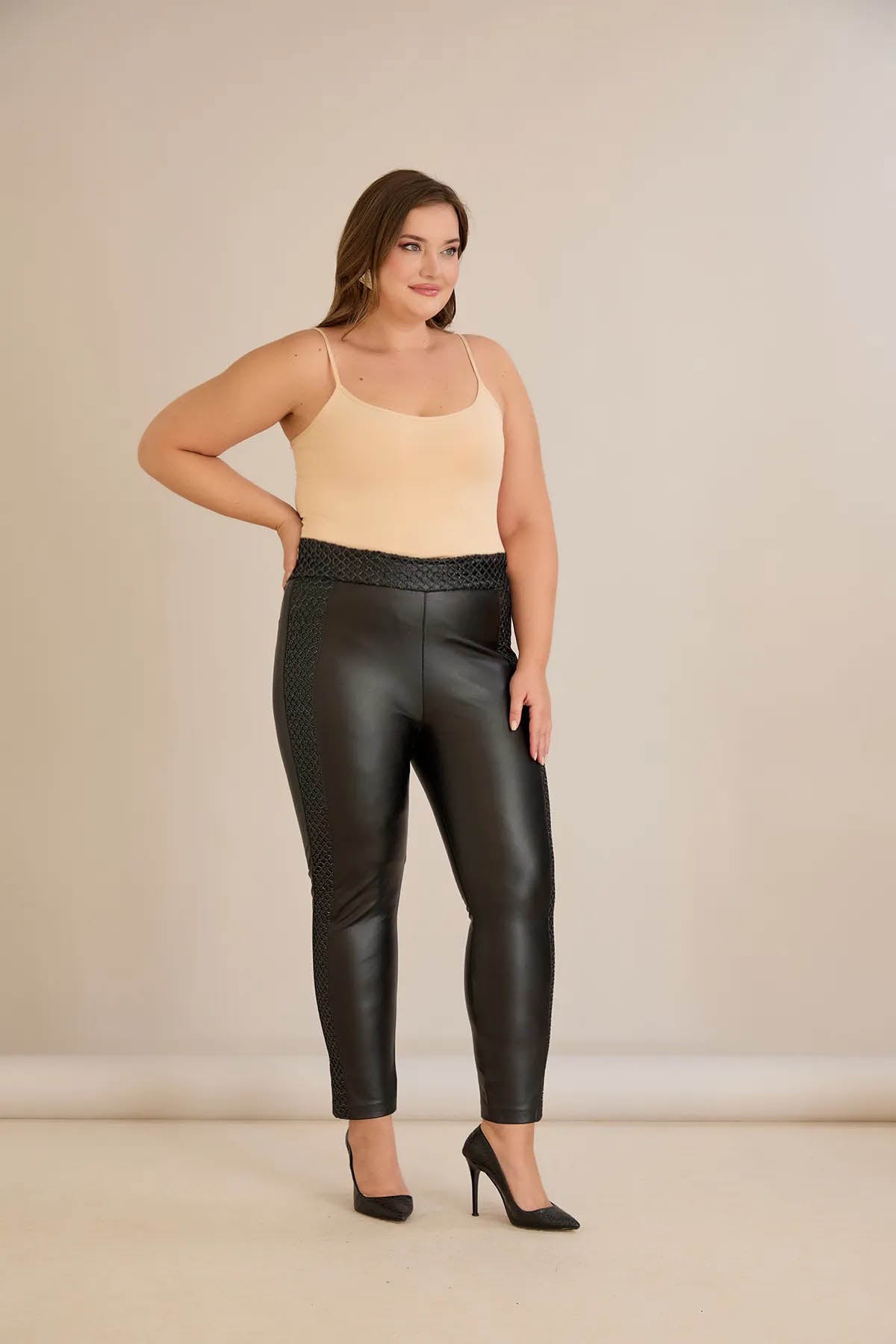 Colanți din piele căptușiți, cu plasă decorativă și talie înaltă