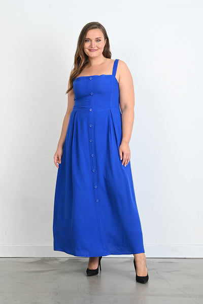 Rochie marime mare lunga din viscoza cu nasturi decorativi - albastru turcesc
