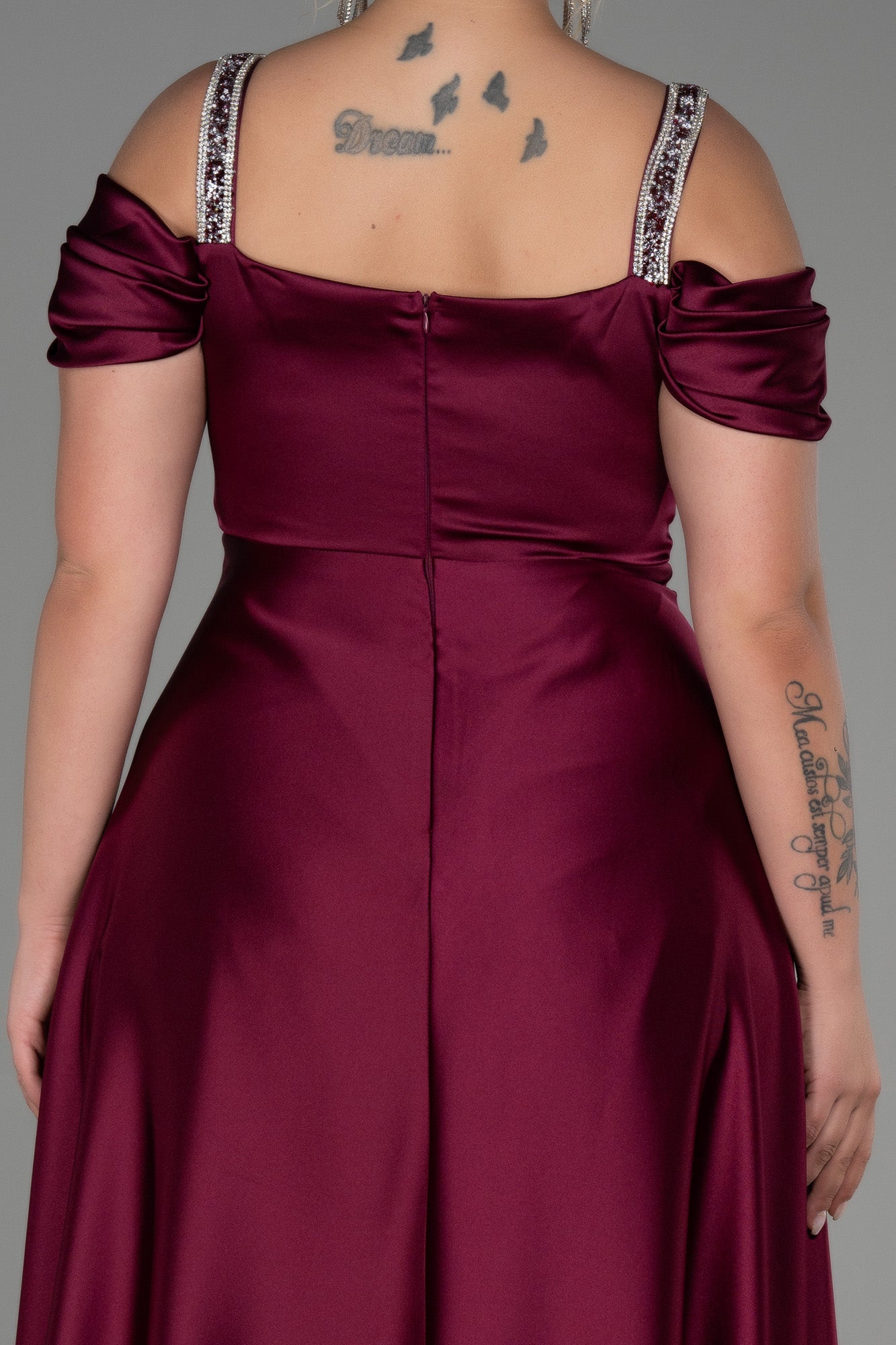 Rochie de ocazie marime mare lunga din satin cu bretele din strass - pruna N3277