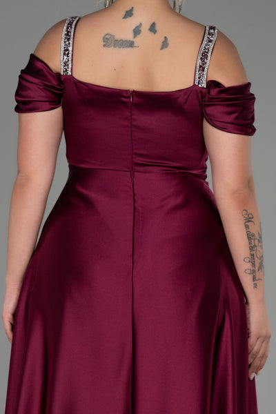 Rochie de ocazie marime mare lunga din satin cu bretele din strass - pruna N3277